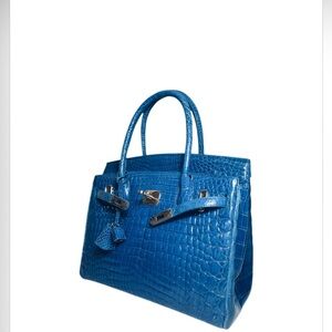 Elegant Blue Authentic Crocodile Leather Satchel